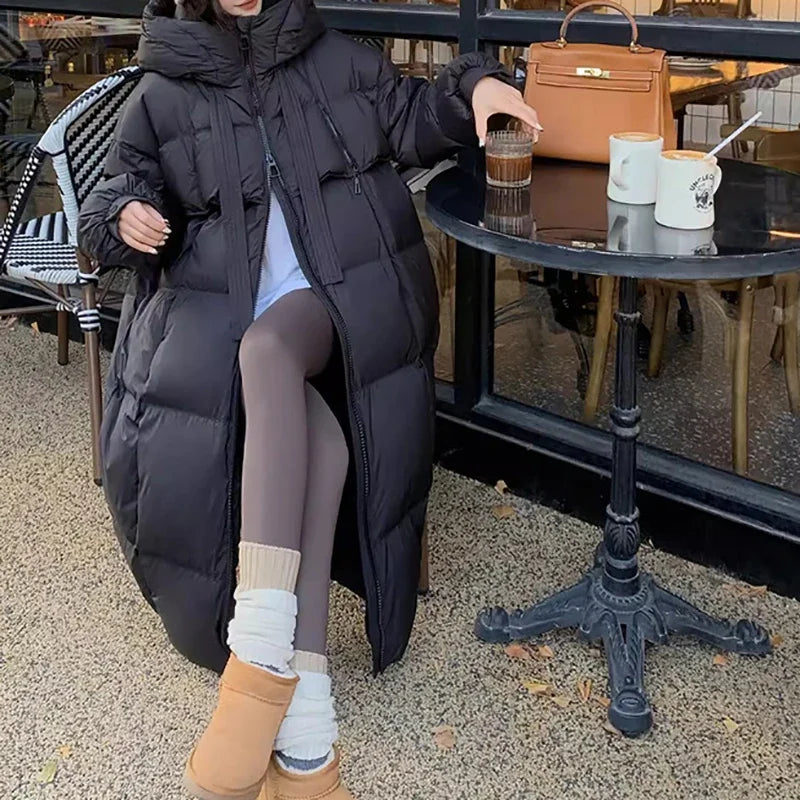 EVNISI Women Casual Thicken Warm Hooded Down Coat Lady Office Parkas Long Sleeve Zipper Pocket Long Coat Fall Winter Down Coat