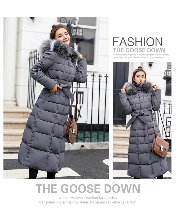 2025 Winter Women's Jacket Warm Fashion Comfortable Bow Belt Fox Fur Collar Clothes Long Dress Office Casual Women's Thick Coat