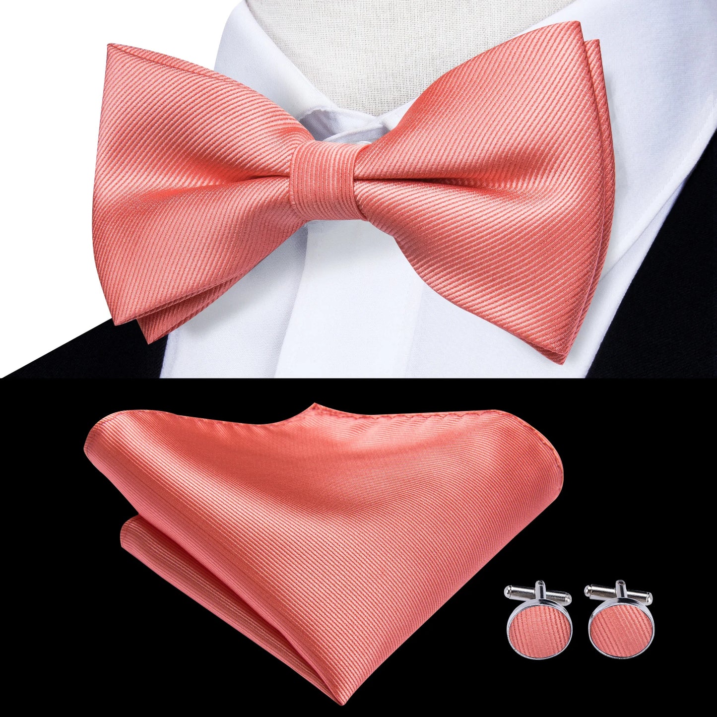 Hi-Tie Pink Dot Silk Mens Pre-tied Bow Tie Hanky Cufflink Set Dusty Pink Butterfly Knot Bowtie for Male Wedding Business