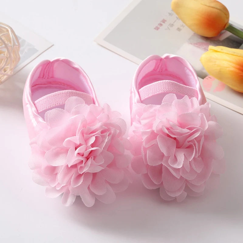 Infant Baby Girls Shoes with Headband Soft Sole Non-slip Flower Princess Wedding Dress Walking Shoes