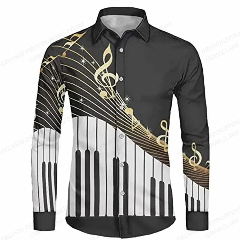 Long Sleeve Hawaiian Shirts Men Fashion Music Hawaii Shirt Instrument Beach Blouses Single Breasted Camisas Men's Clothing Aloha