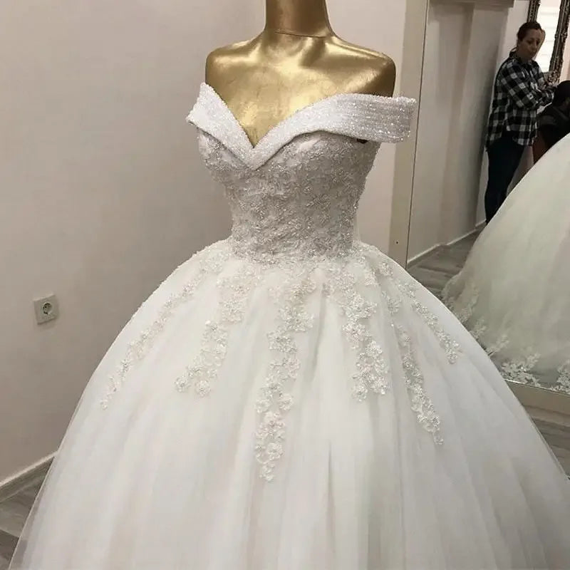 Customized  Off The Shoulder Shinny Beads Appliques Wedding Dress Sweep Train Corset Back Puffy Bridal Gown