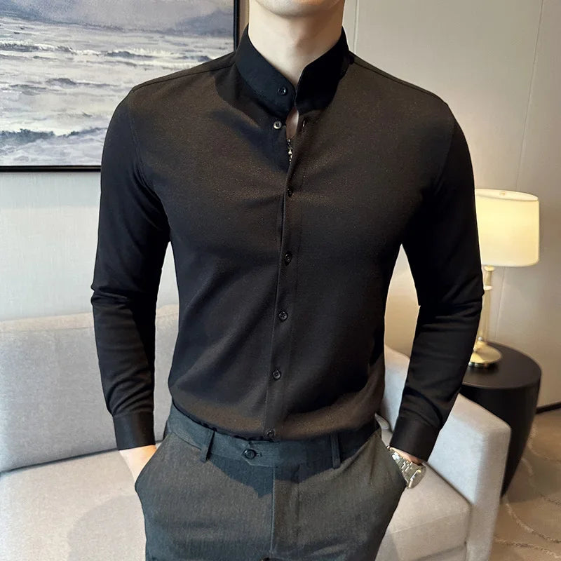 Winter Men Woolen Shirt with British Style Solid Casual Stand Up Collar Thick Warm Wool Formal Dress Shirt Fashion Men Clothing
