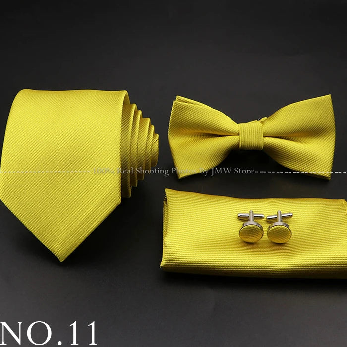 Hot Sale Red Blue Tie Set Polyester Slim Striped Necktie Bowtie Cufflink Brooch For Groom Suit Wedding Cravat Shirt Accessory