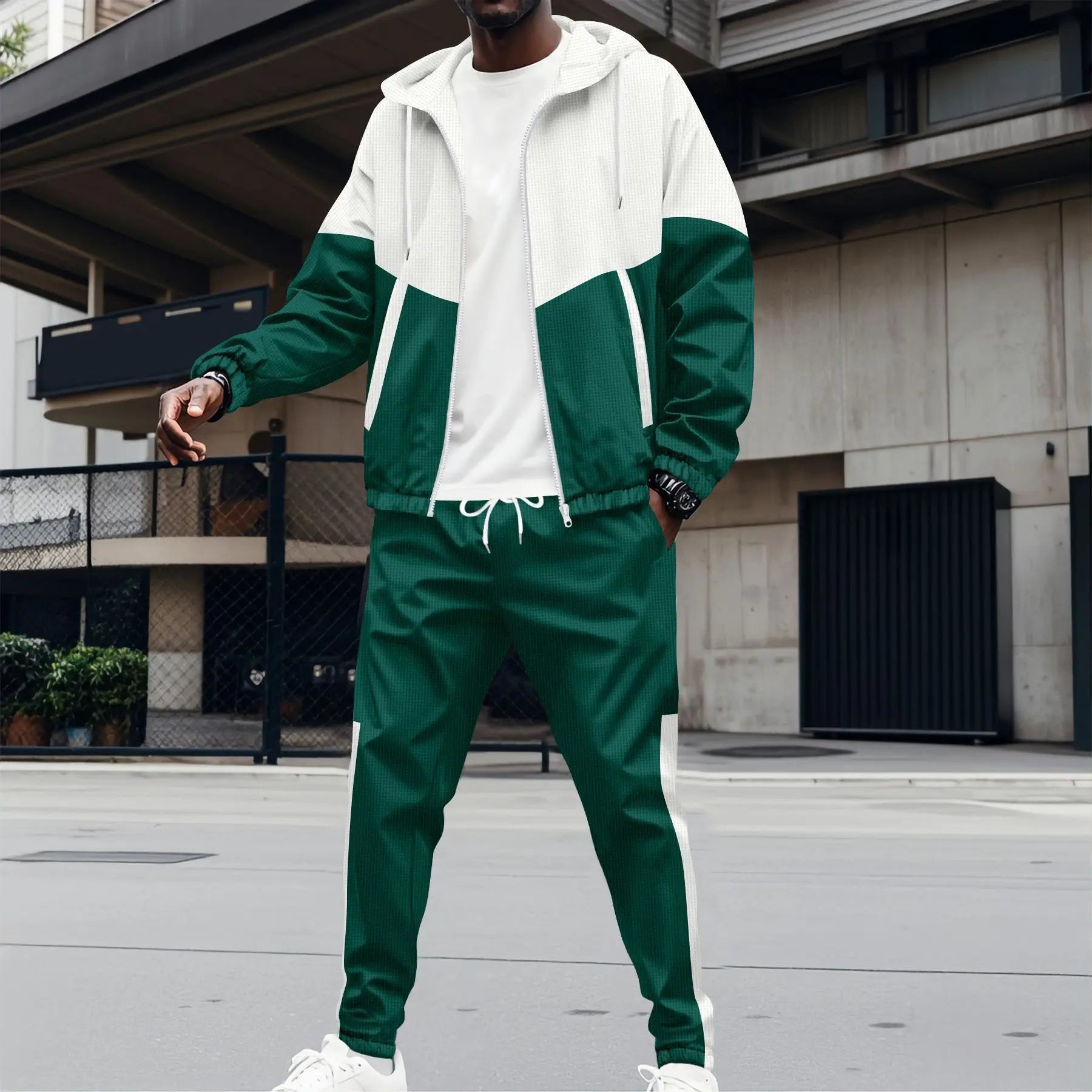 2025 Best-selling Men's New Spring And Fall Hooded Zipper Double-pocket Patchwork color Jacket Men's coat Sports Two-piece Suit