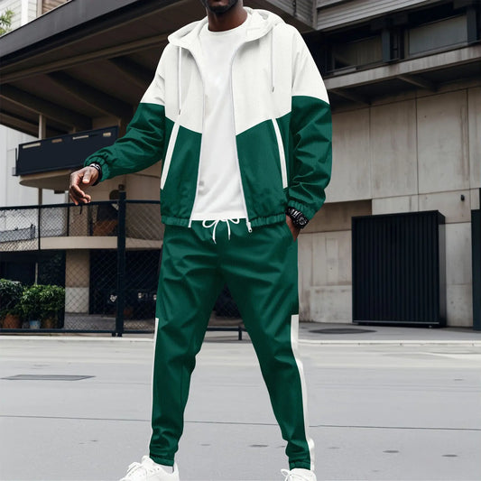 2025 Best-selling Men's New Spring And Fall Hooded Zipper Double-pocket Patchwork color Jacket Men's coat Sports Two-piece Suit
