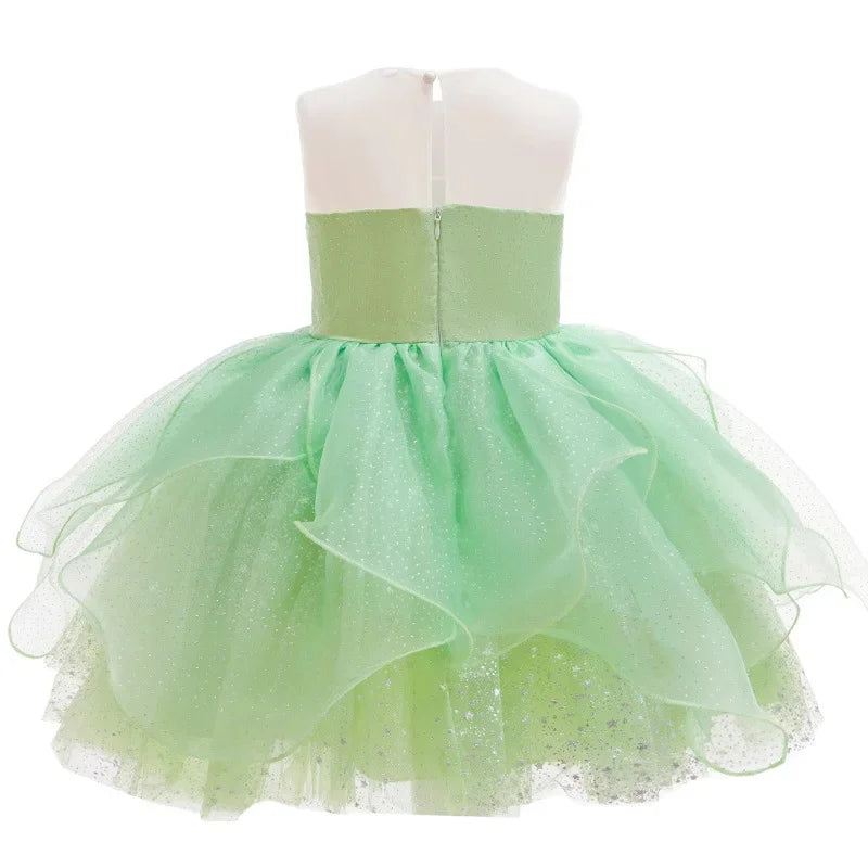Baby Girl Clothing Flower Fairy Summer Dress For Girls Fashion Shiny Green Princess Dress Sleeveless Ruffle Children Dresses