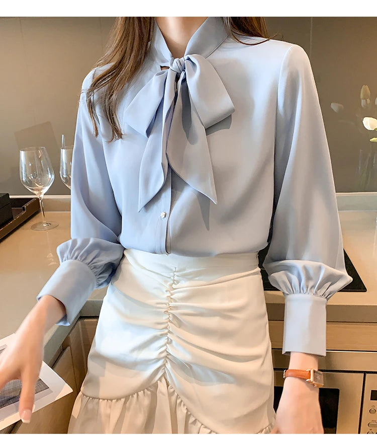 H Han Queen New Arrival Shirt Womens Blouse Vintage Work Casual Tops Chiffon Blouse Bow Elegant Loose Women Business Shirts 2021