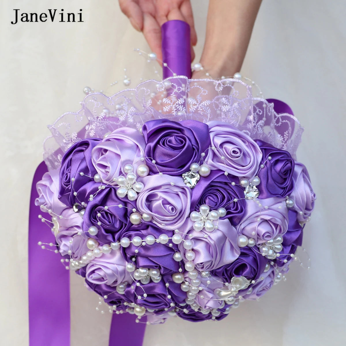 JaneVini Stunning Pearls Purple Flowers Bridal Bouquets Ribbon Handle Artificial Satin Roses Bride Bouquet Wedding Accessories