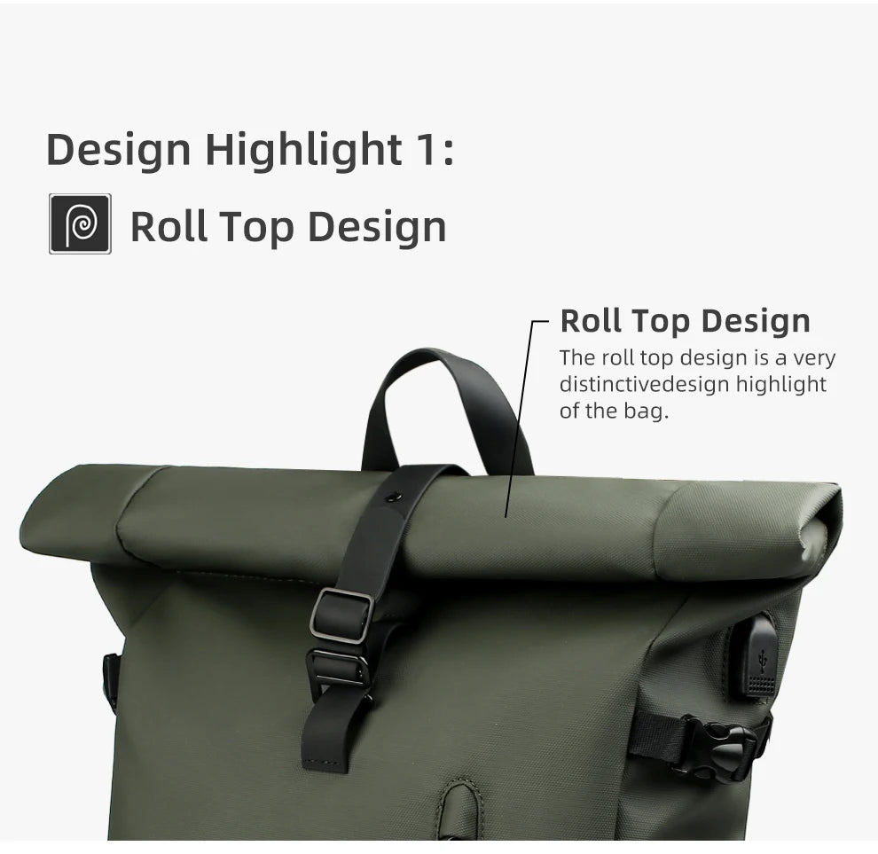 HK Expandable Waterproof Travel Backpack for Men Roll-Top Large Capacity 15.6 Inch Laptop Backpack with USB Hiking Camping Pack