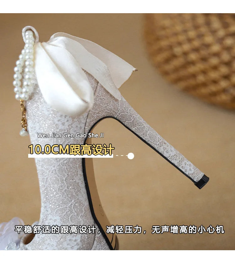 High heels, women's wedding shoes, Hexiu, two pairs of thick heels, beautiful ankle rings, pearl straps, bridal shoes
