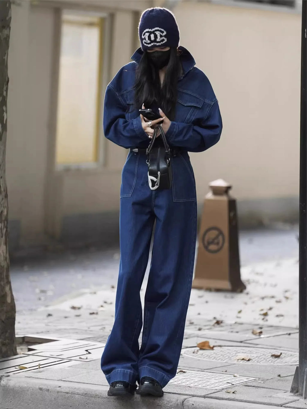 Blue Design Denim Jumpsuit Women'S Spring And Autumn Collar Fashionable Workwear Large Pocket Loose Pants