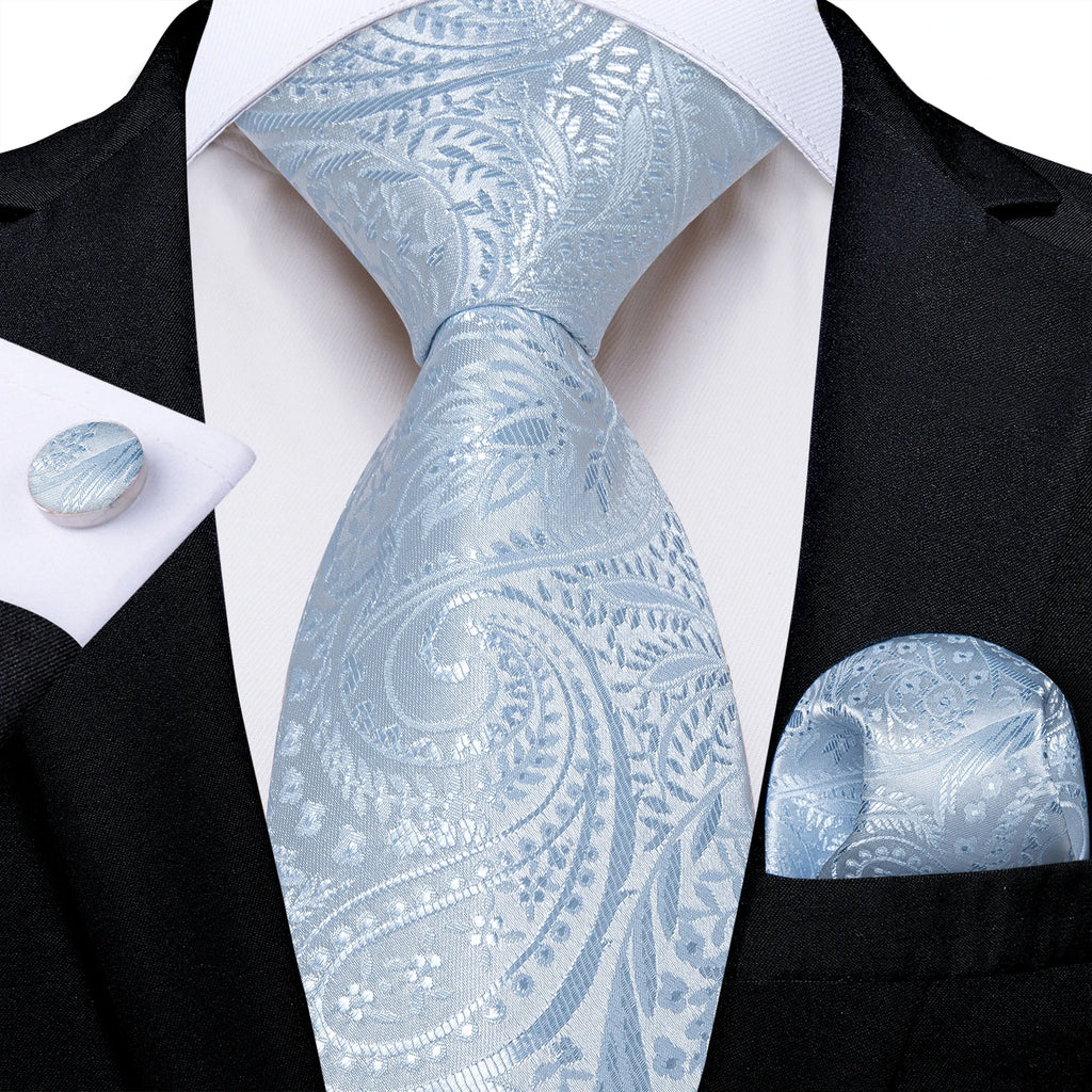 Light Blue Men's Tie Set Handkerchief Cufflinks Solid Paisley Floral Wedding Party Formal Groom Suits Accessories Gift Husband