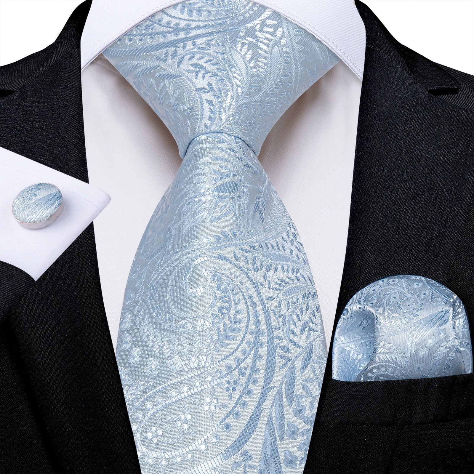 Light Blue Men's Tie Set Handkerchief Cufflinks Solid Paisley Floral Wedding Party Formal Groom Suits Accessories Gift Husband