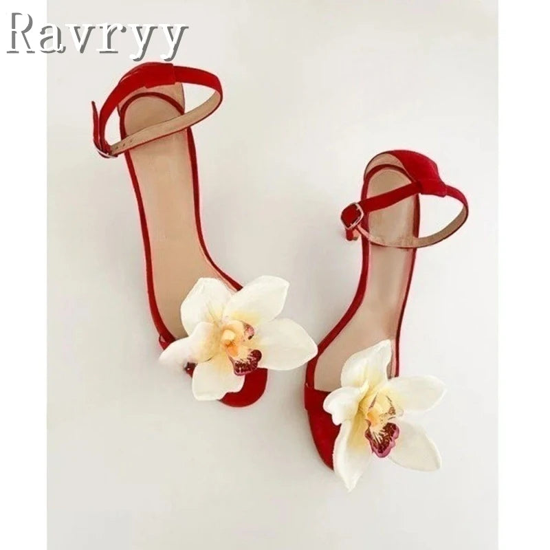 Women New Flower Decor Wedding Shoes Brand Design Thin High Heels Sandals Open Toe Summer Party Dress Shoes