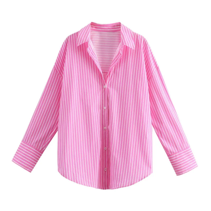 Traf 2025 women's spring new Europe-American fashion striped long sleeve lapel loose version poplin shirt multi-color selection