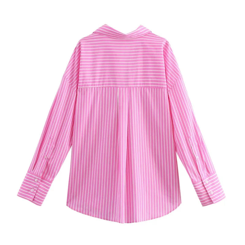 Traf 2025 women's spring new Europe-American fashion striped long sleeve lapel loose version poplin shirt multi-color selection
