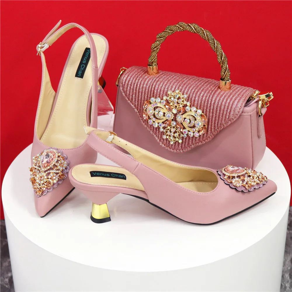 Italian 2024 Fashion Design Diamond Chain Full Diamond Bag And Pointed High Heels Noble And Generous Decoration Full Diamond