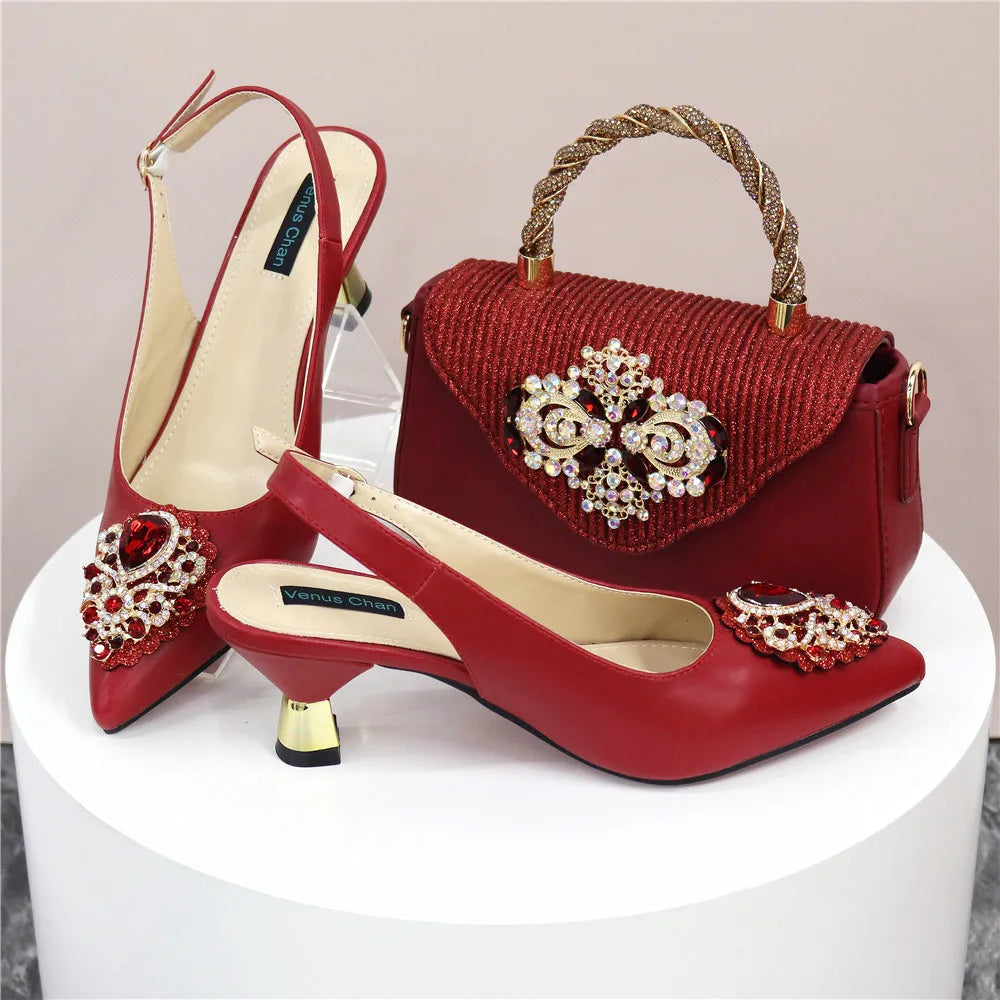 Italian 2024 Fashion Design Diamond Chain Full Diamond Bag And Pointed High Heels Noble And Generous Decoration Full Diamond