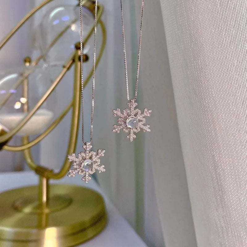 women girl famous moonstone snowflake necklace, female student chain necklace jewelry