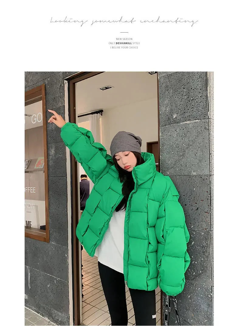 Winter Jackets for Women 2025 Thick Warm Loose Fashion Quilted Jacket Women Interchange Design High Street Green Winter Coat