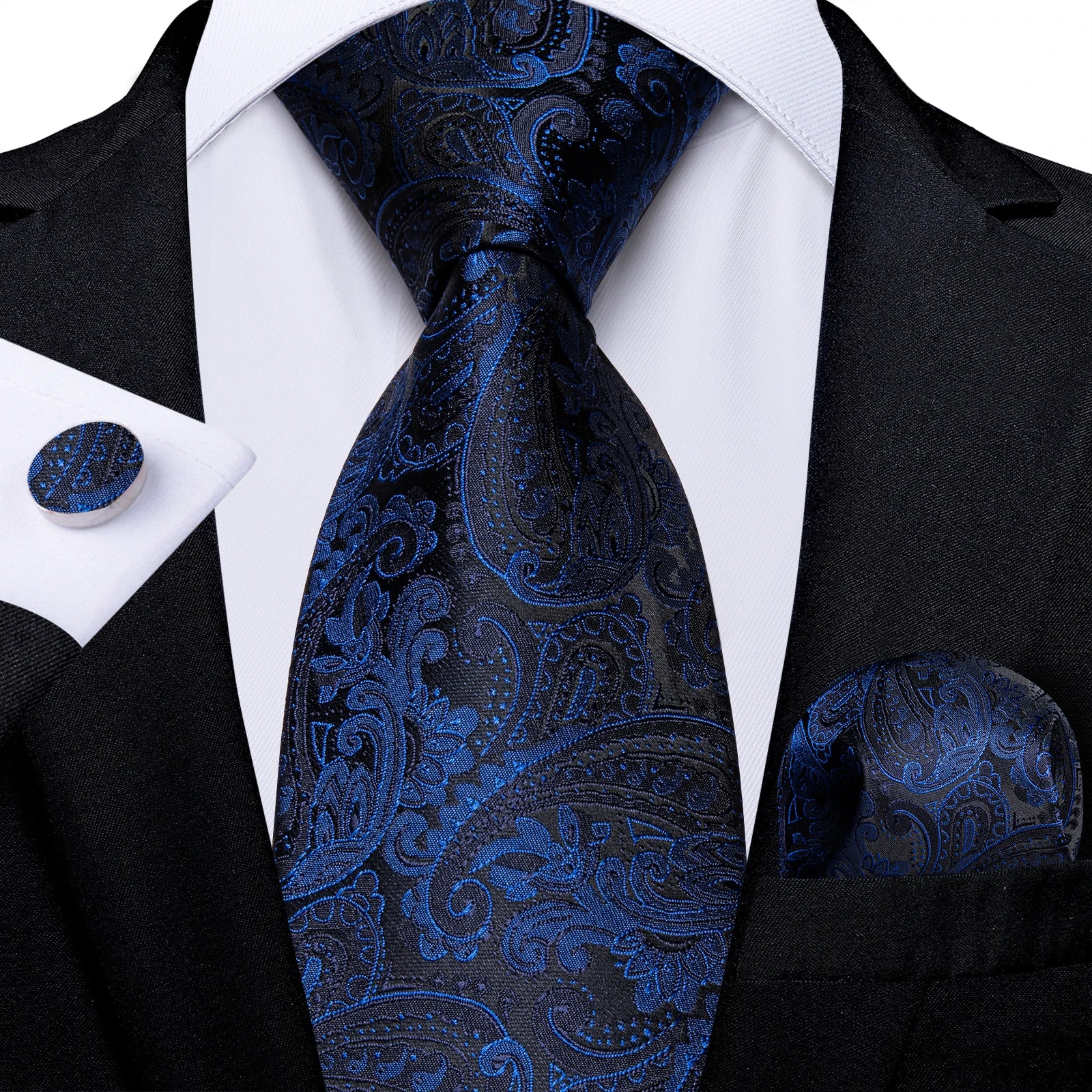 Royal Blue Paisley Plaid Striped Men tie Set with Handkerchief Cufflinks Wedding Prom Groom Accessories Perfect Gift for Men