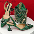 Nigerian Heel Party for Women Blue Color Shoes and Bag Set Rhinestone Handbag Italian Design Wedding INS 2025