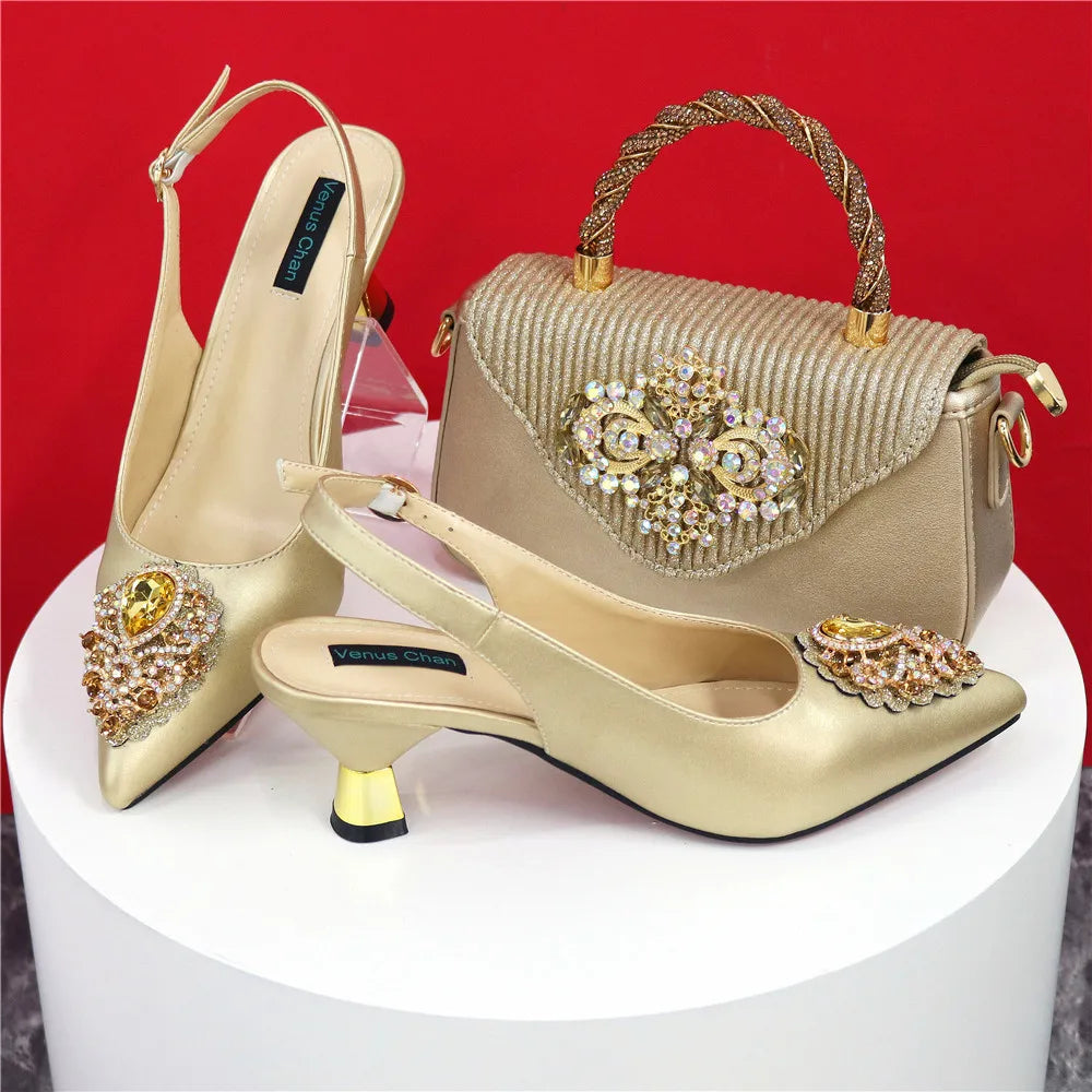 Italian 2024 Fashion Design Diamond Chain Full Diamond Bag And Pointed High Heels Noble And Generous Decoration Full Diamond