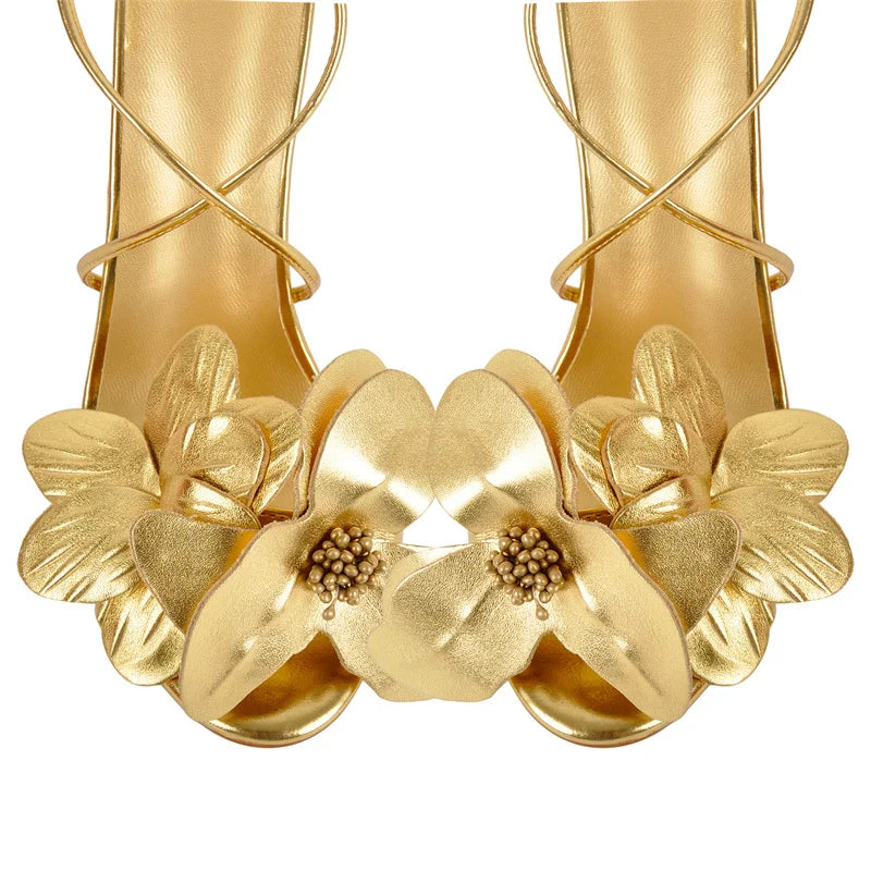 Onlymaker Women Gold Flower Round Toe Stiletto Sandals Party  Ankle Strap High Heel For Wedding Party Prom Bridal Sandals