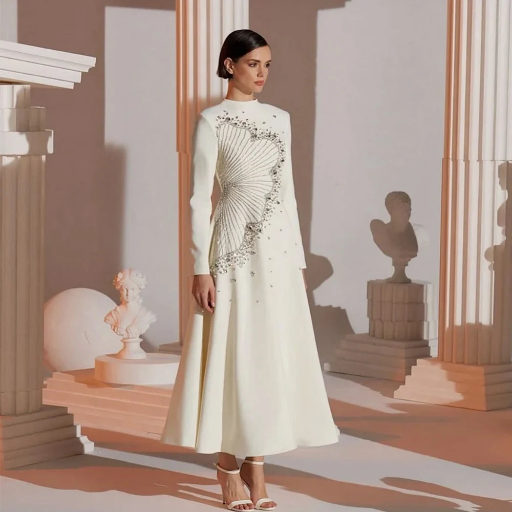 Dream Bead Ankle Length Evening Dress Elegant A-Line Long Sleeves High Neck Jersey Occasion Formal Women Customized Prom Gowns
