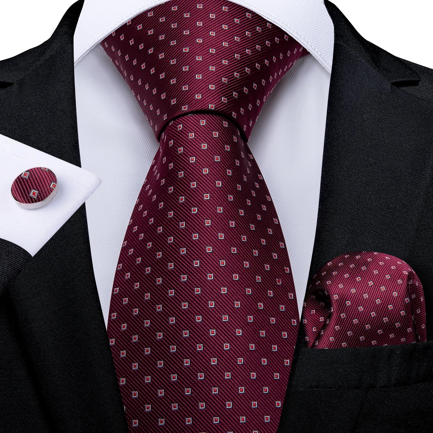 Solid Black Plaid Men's 8cm Polyester Neck Tie Handkerchief Cufflinks Set with Gift Box Tie Clip Birthday Anniversary Gift