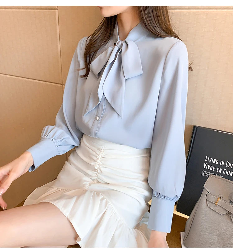 H Han Queen New Arrival Shirt Womens Blouse Vintage Work Casual Tops Chiffon Blouse Bow Elegant Loose Women Business Shirts 2021