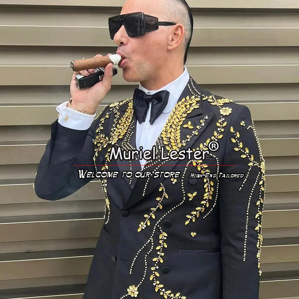Formal Wedding Suits For Men Gold Beaded Jacket Plus Size Male Fashion Business Party Dress 2 Pieces Double Breasted Coat Pants