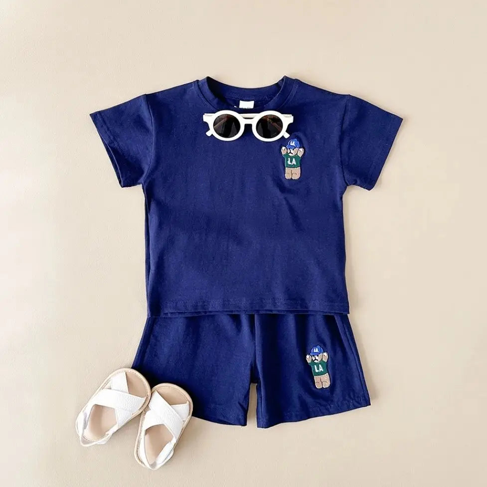 INS Summer Baby Boys Clothes Baby Girls Suit Bear Embroidery Thin Sports T-shirt Baby Cotton Infant Outfit Set Children Clothing
