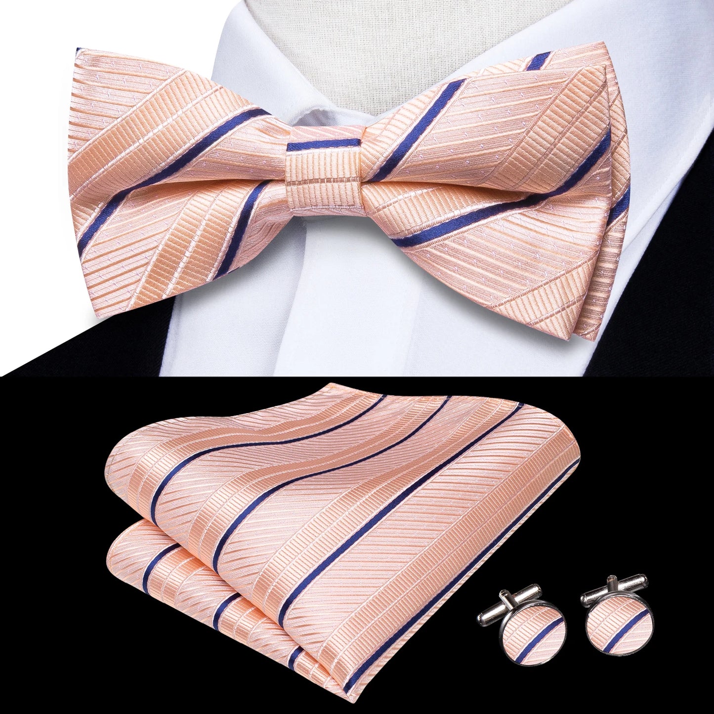 Hi-Tie Pink Dot Silk Mens Pre-tied Bow Tie Hanky Cufflink Set Dusty Pink Butterfly Knot Bowtie for Male Wedding Business