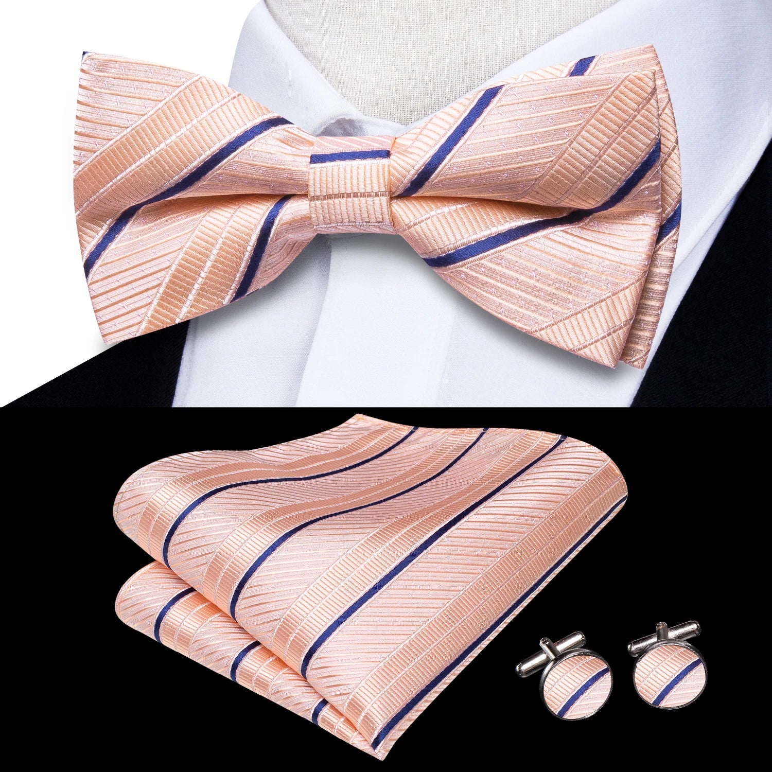 Hi-Tie Pink Dot Silk Mens Pre-tied Bow Tie Hanky Cufflink Set Dusty Pink Butterfly Knot Bowtie for Male Wedding Business