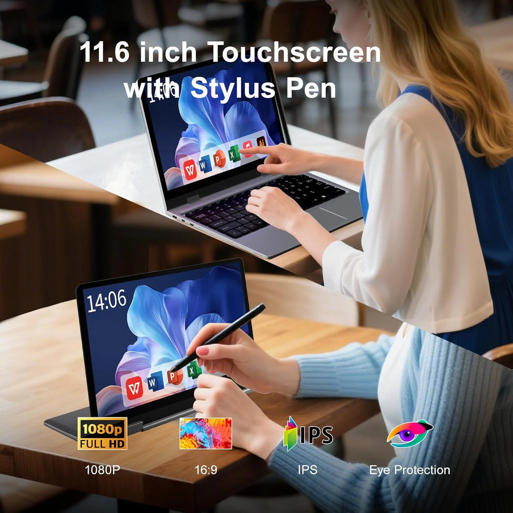 11.6" Portable 2 in 1 mini Laptop Computer Touch Screen Intel Celeron N4020 8GB RAM 512GB SSD Windows 11 Pro Office Learning PC