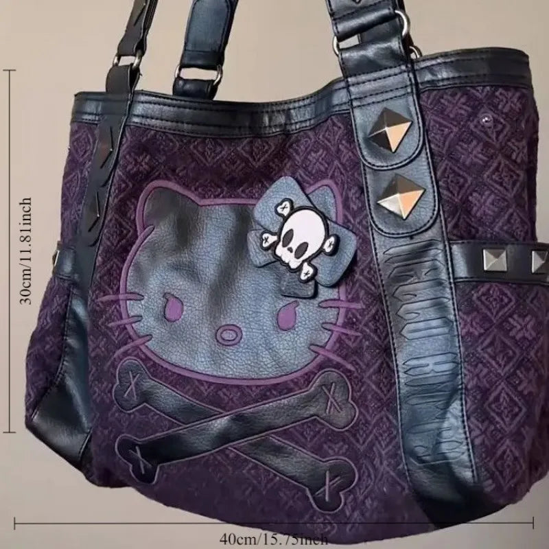MINISO Sanrio Hello Kitty Vintage Purple Handbag Y2K Gothic Style Multifunctional Underarm Tote Bag Sweet and Spicy Fashion