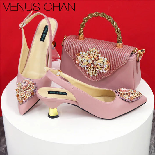 Italian 2024 Fashion Design Diamond Chain Full Diamond Bag And Pointed High Heels Noble And Generous Decoration Full Diamond