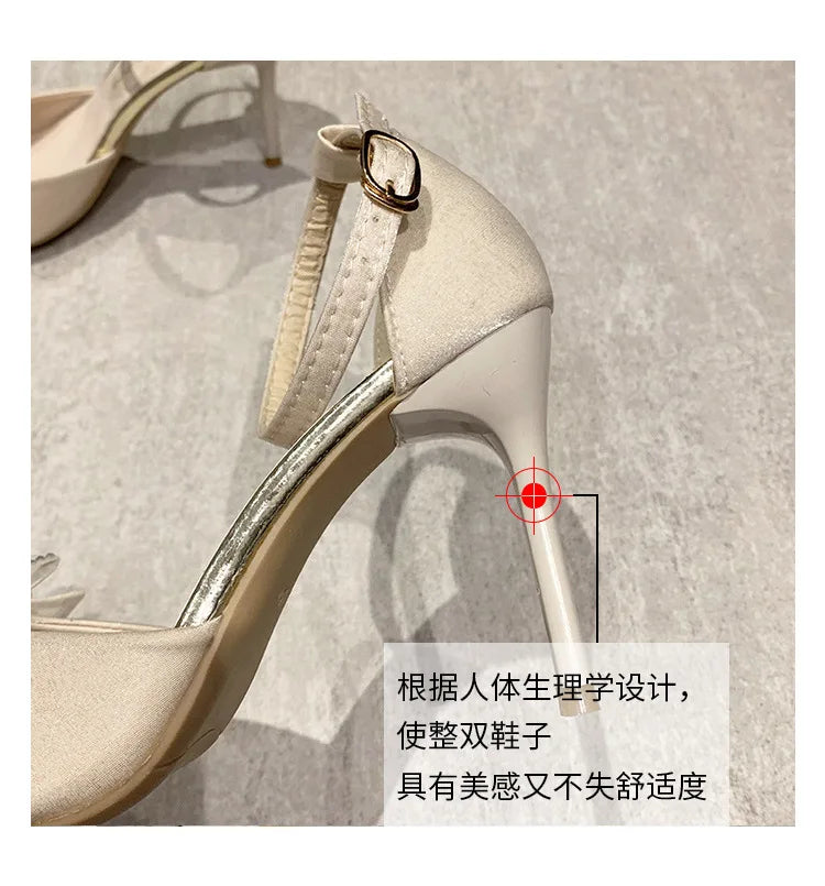 Crystal Wedding Shoes Bride Wedding Dress Two Wears  New Bow High Heels Women's Summer Slim Heels White Pointed Sandals  Women