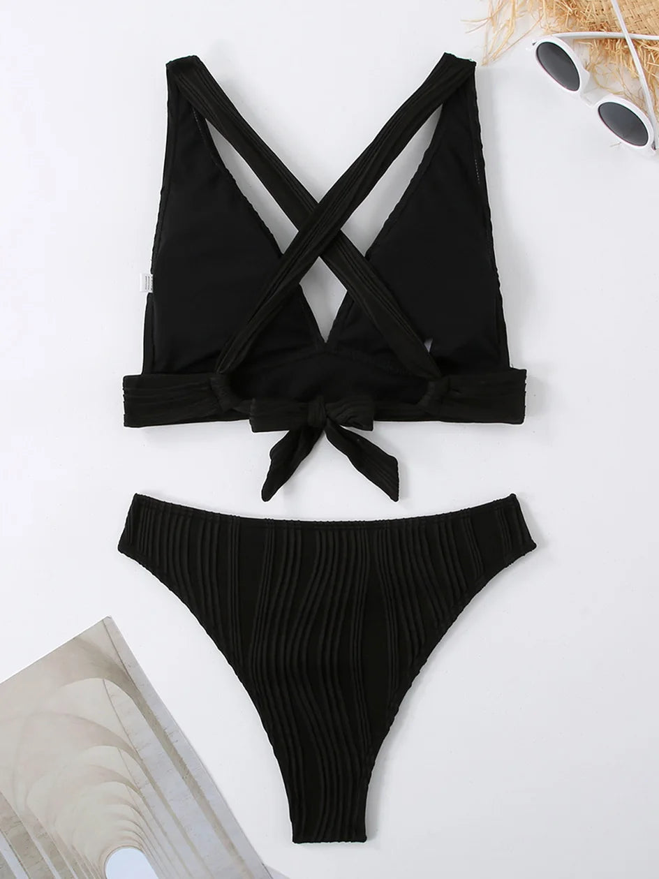 Sexy Criss Cross Tie Back Bikini Women's Swimsuit 2024 Swimwear Trend Bathing Suits Hight Waist Bikinis Sets Push Up Beach Wear