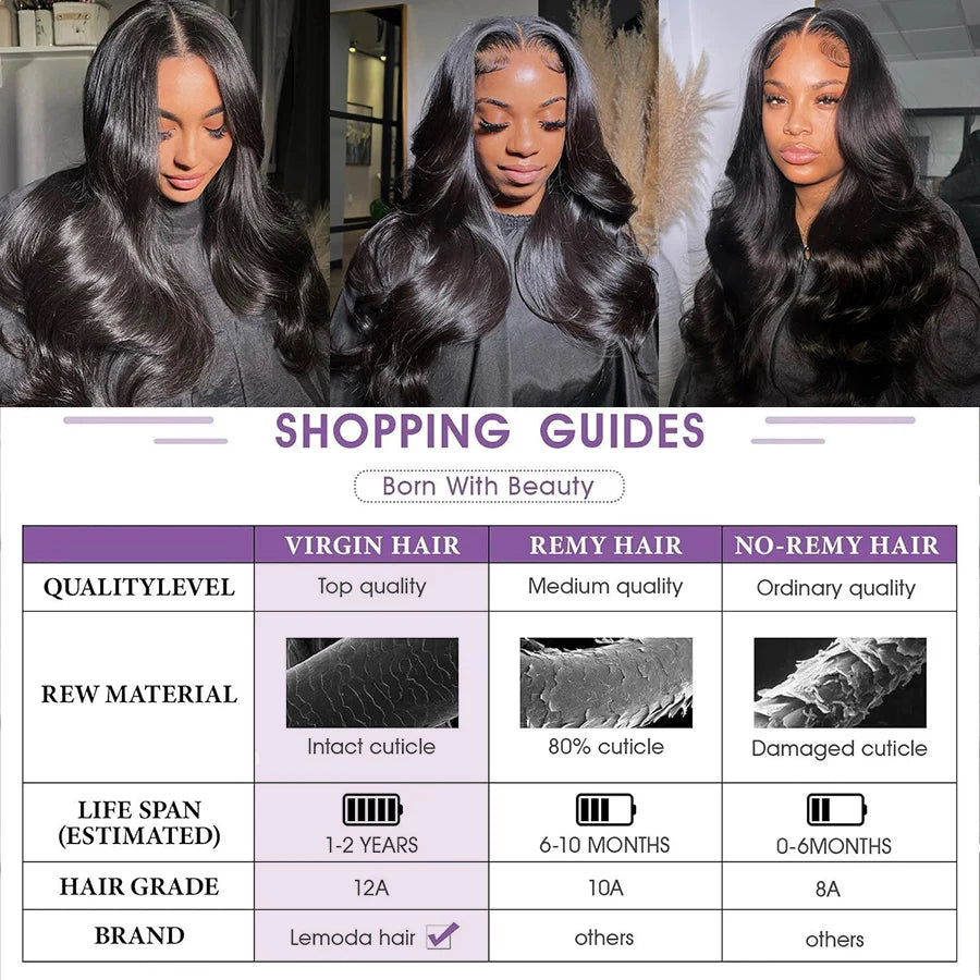 Lemoda 13x6 HD Lace Frontal Wigs Human Hair Body Wave 250% Density Brazilian Virgin Hair Full Frontal Lace Wig Pre plucked 12A