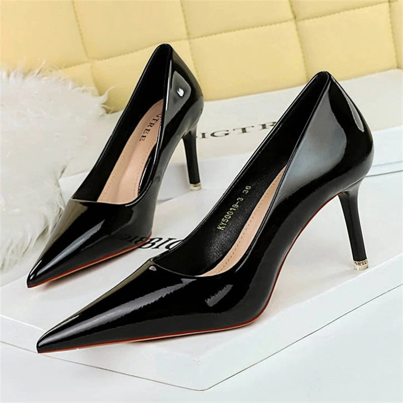 BIGTREE Elegant Simple Woman Heels Slim Heels High Heels Shallow Mouth Pointed Crystal Patent Leather Single Shoes  Women Shoes