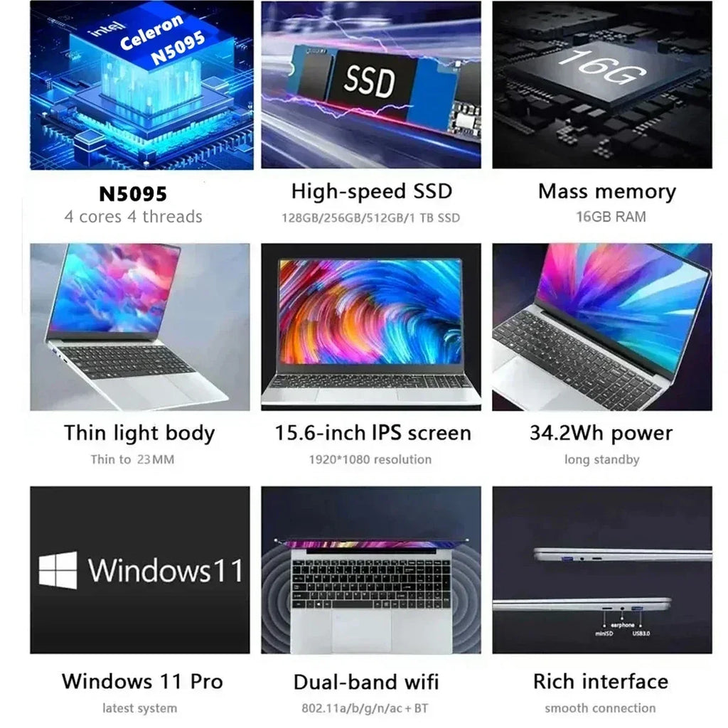 QMDZ 15.6" Laptop Computer Intel Celeron N5095 Notebook PC 16GB 32GB Ram 128GB-2TB SSD Office Study PC Windows 11 1080P Laptops