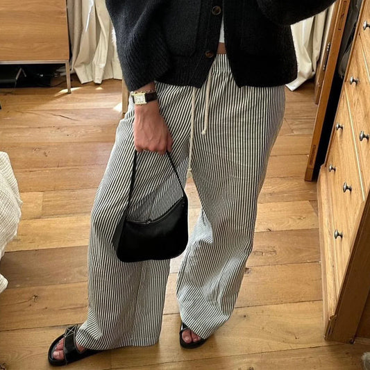 Combhasaki Women Y2K Aesthetic Wide-Leg Pants Stripe Drawstring High Elastic Waist Trousers Spring Fall Retro Sweatpants Bottoms