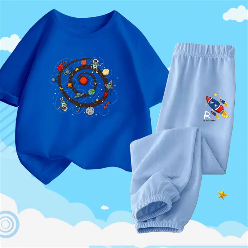 Boys Summer Clothes Set Kids Cartoon Space T shirts+Loose Harlan pants Suit 2PCS Pack Teens Sports Clothing Sets