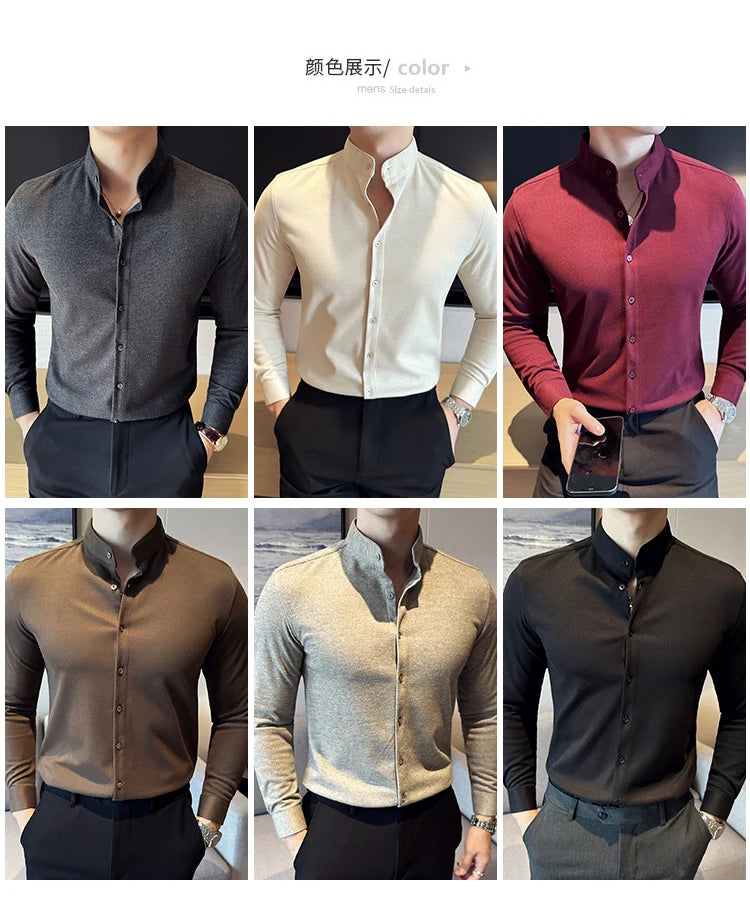 Winter Men Woolen Shirt with British Style Solid Casual Stand Up Collar Thick Warm Wool Formal Dress Shirt Fashion Men Clothing