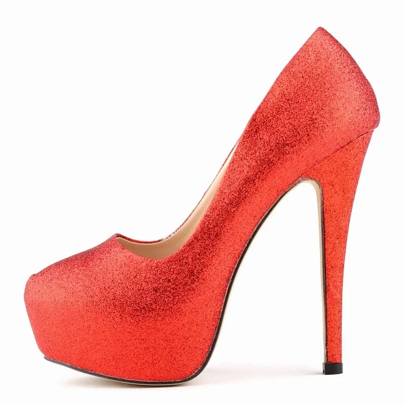 LOSLANDIFEN Sexy Women Pumps Ultra High Heels Glitter Gold Shoes 14cm Platform Round Toe Ladies Wedding Party 817-1Gitter