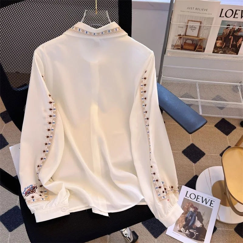 Embroidered Women be all-match High Quality Female Elegant Blouses Ladies Work Wear Shirts White Floral Clothings Chiffon Tops