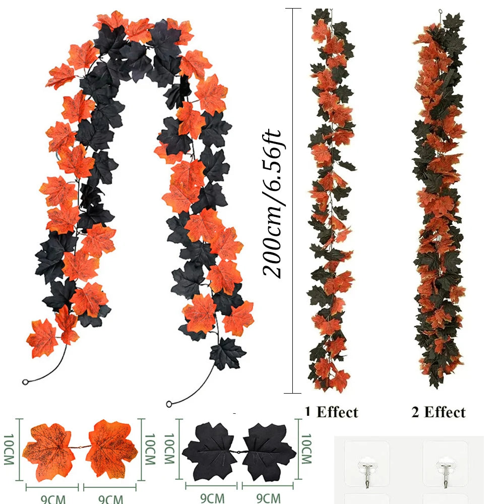 1Pc 6.5Ft Artificial Fall Maple Leaf  Foliage Fake Plant Garland for Home Halloween Thanksgiving Party Wall Table Autumn Decor